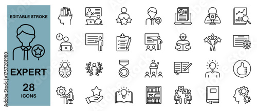 Expert Icon Set – Professional, Mentor, Leader and Coach. Editable Stroke, Vector Illustration