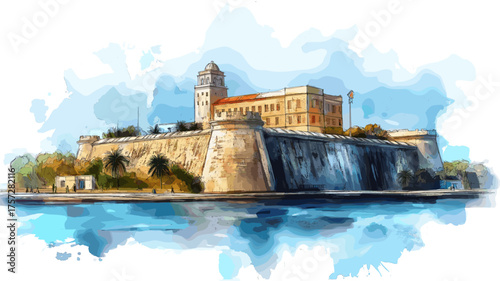 Castillo de los Tres Reyes Magos del Morro. Castillo de los Tres Reyes Magos del Morro hand drawn watercolor illustration
