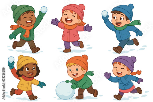 Happy children playing in the snow during winter activities. Set of 6 vector illustration