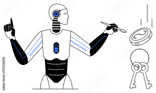 Humanoid robot with mechanical features holding a pen, generating coins and keys. Ideal for AI, automation, innovation, finance, security, robotics technology concepts. Simple flat metaphor