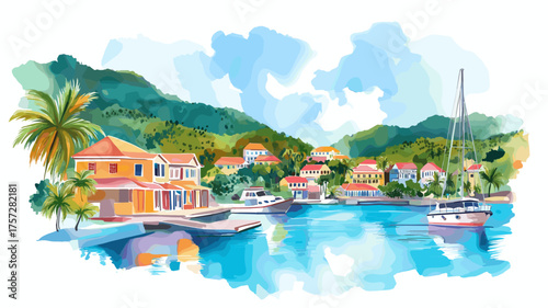 English Harbour. English Harbour hand drawn watercolor illustration