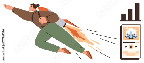 Person soaring with a jetpack exudes motivation near a meditation app on a device showing a growth chart. Ideal for self-improvement, success, productivity, motivation, personal growth, innovation