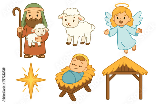 Nativity scene with shepherd angel baby sheep and stable. Set of 6 vector illustration