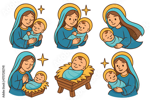 Mother and child nativity scene with smiling expressions. Set of 6 vector illustration
