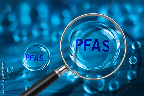 PFAS CONTAMINATION OF DRINKING WATER - Alertness about dangerous PFAS per-and polyfluoroalkyl substances presence in potable water - Concept with magnifying glass