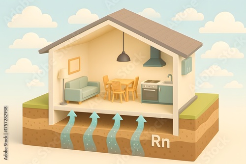 THE DANGER OF NATURAL RADON GAS IN BUILDINGS - Concept with residential home illustration