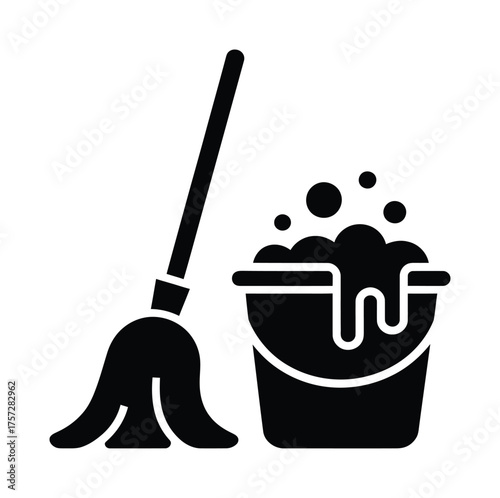 Cleaning Mop and Bucket Icon Vector for Hygiene and Maintenance