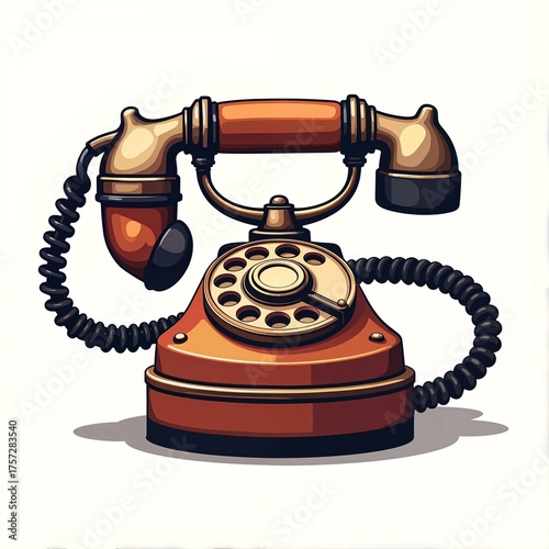An old red retro telephone with a dial on a white background, antique.