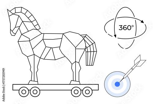 Geometric Trojan horse on wheels accompanied by a 360-degree navigation symbol and target with a dart. Ideal for innovation, strategy, hacking, security, precision, analysis, technology. Simple flat