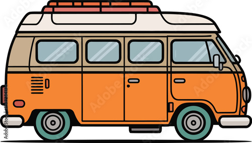Retro Orange Camper Van with Roof Rack for Travel Adventures.