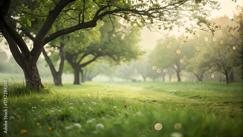 defocused bokeh background of  garden trees in sunny day