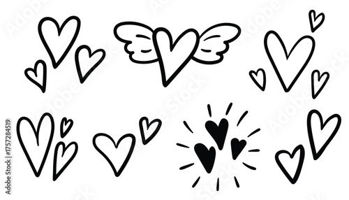 Hand drawn heart doodle set. Happy Valentines elements. Cute love illustration for card, poster, sticker, scrapbook, invitation, packaging, web, or romantic decoration design project.
