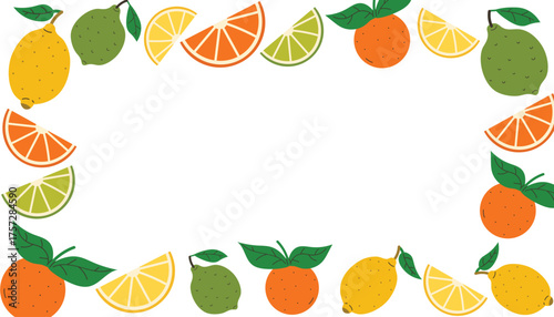 Rectangular frame of citrus fruits like lemon, lime, orange with leaves and wedges in flat cartoon style. Bright fruity border for card, poster, packaging, label, invitation, or food design project.