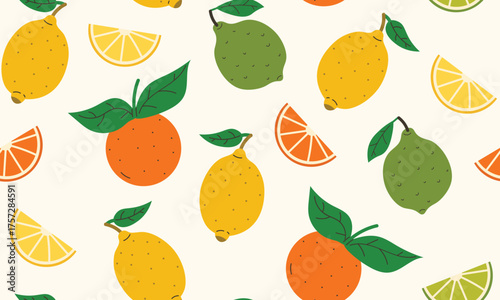 Flat cartoon seamless texture with lemon, lime, orange, leaves and wedges in random order. Bright citrus design for print, packaging, fabric, card, poster, web or summer decoration project.
