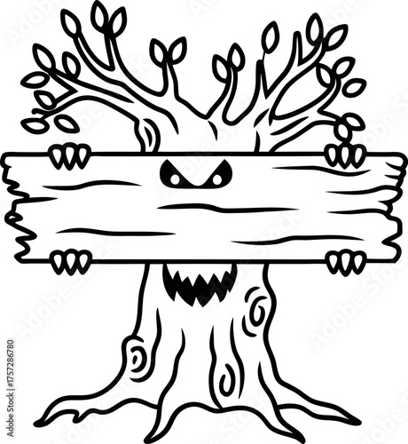Spooky tree character holding wooden sign with evil face and claws halloween scary doodle, forest monster illustration