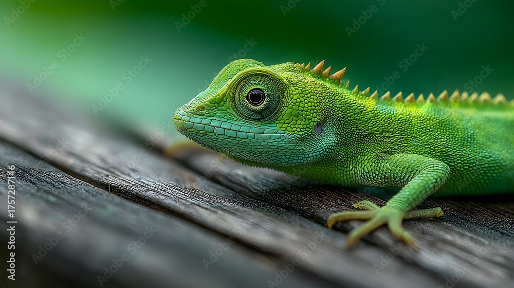 Fototapeta premium Charming, macro photograph of a small, cute green chameleon with large, expressive eyes resting on a wooden surface with a green background.
