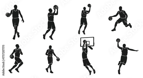 Basketball Player Silhouette Vector Set — Dribbling, Shooting, and Dunking Poses
