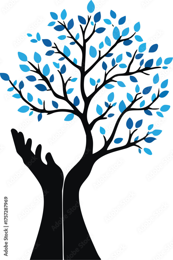 Fototapeta premium Support tree vector—black hands forming trunk with blue leaves for growth, care, and environmental symbolism in minimalist style