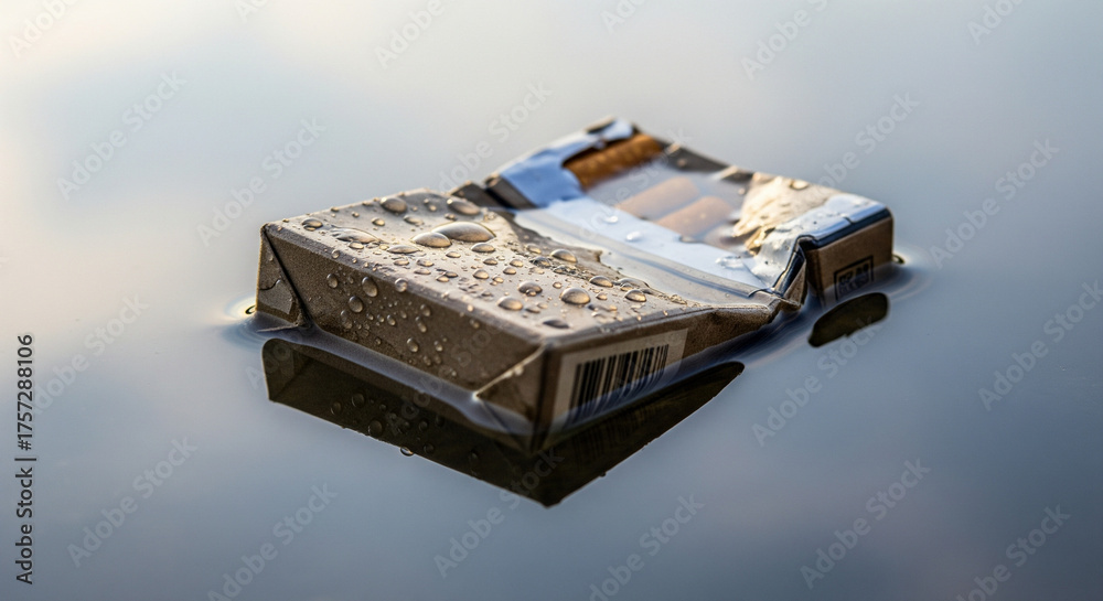 Fototapeta premium Waterlogged cigarette pack floating alone on smooth, calm water surface. Extreme close-up shot of a heavily waterlogged, brown and gold cigarette pack floating on a dark, smooth body of water
