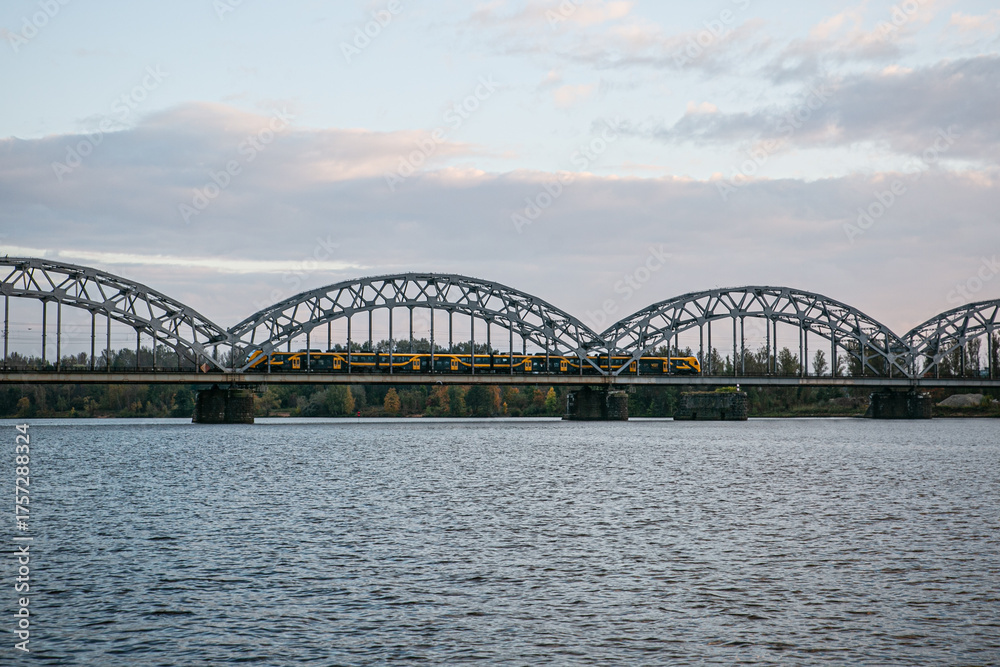 Fototapeta premium metal bridge over river with a train 