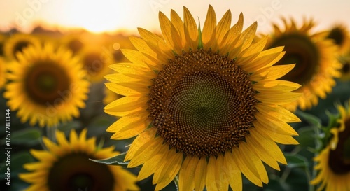 Field of sunflowers basking in the warm glow of the setting sun