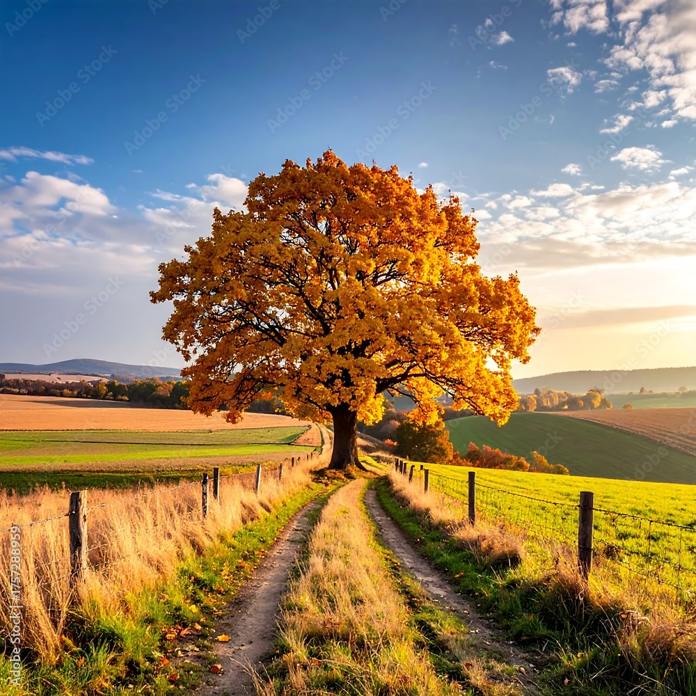 Fototapeta premium A vibrant autumn landscape showcasing a tree on a rural dirt path under a blue sky
