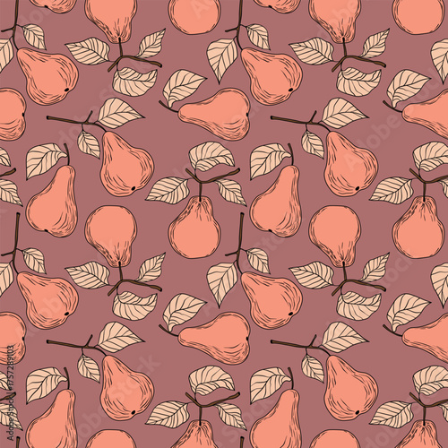 Seamless pattern with pear on color background. Natural delicious fresh ripe tasty fruit. Sweet pears with leaves. Food concept. Vector illustration for print, fabric, textile.