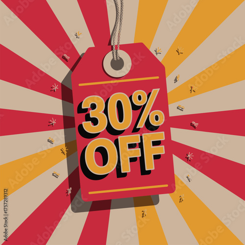 Mega Sale Discount Banner with 30% Off and Colorful Stars