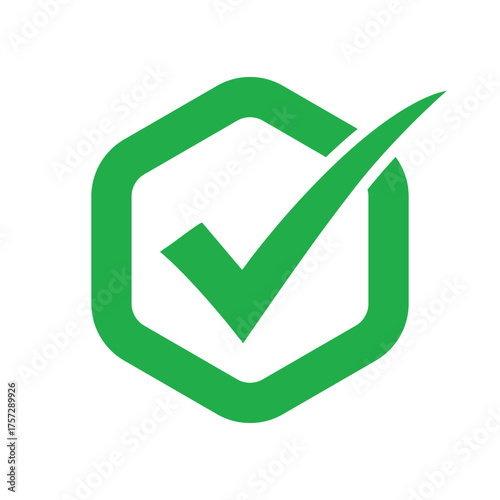 Solid green check mark inside an outlined hexagon icon. Represents verification, success, approval, completion, and guarantee. Clean, modern vector graphic for apps/UI.