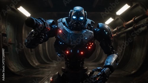 Futuristic Robot Aiming Weapon in Dark Industrial Corridor Video