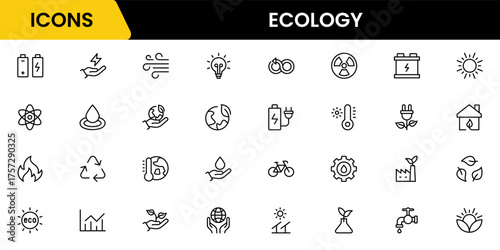 Ecology icon set. Environment, sustainability, nature, recycle, renewable energy, electric bike, eco-friendly, forest, wind power, green symbol—vector collection.
