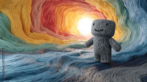 Cute grey character in colorful abstract tunnel, bright sunlight reflecting through vivid textures and swirling patterns, imaginative landscape design