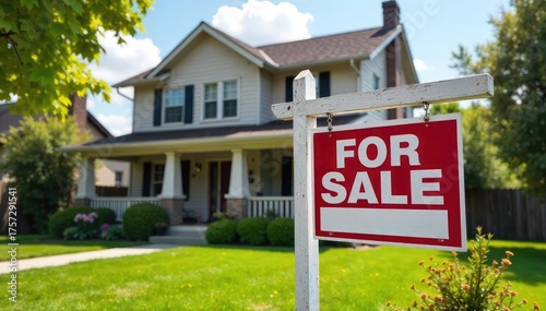 A distressed family home, ready for a quick sale For sale sign visible Perfect for real estate, foreclosure, or economic hardship imagery , bankruptcy, housing crisis