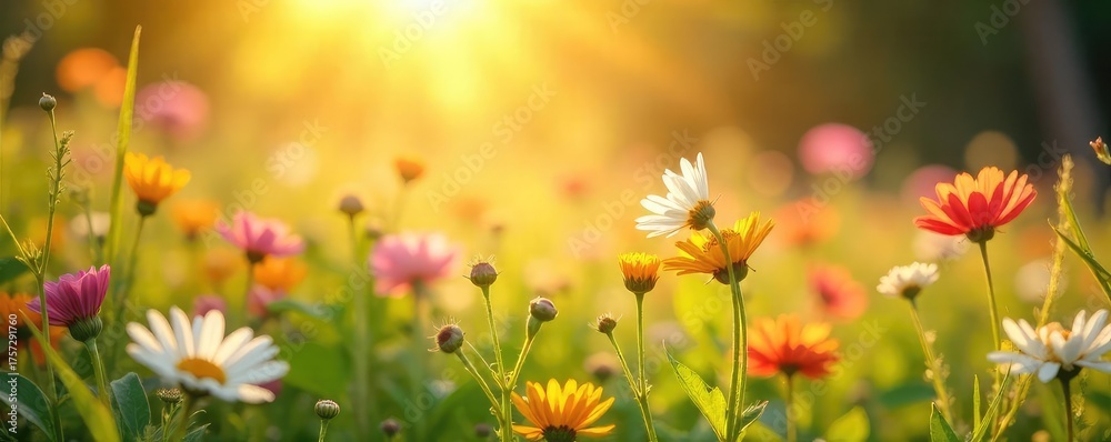 Obraz premium A field of wildflowers bathed in sunlight, radiating cheerful, vibrant colors and a sense of carefree joy Perfect for themes of happiness, peace, and natural beauty , optimistic, flowers, peace