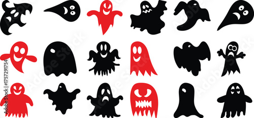 A Collection of Spooky and Cute Halloween Ghost Icons in Black and Red