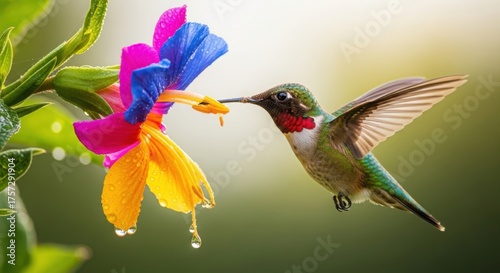Hummingbird with Vivid Flower Seeking Nectar in Natural Garden Setting