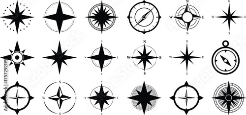 Collection of Black and White Compass Rose and Wind Rose Icons
