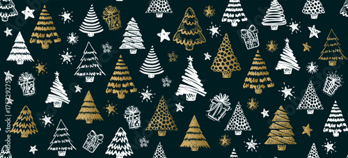Christmas gold and white tree on blue, hand drawn illustrations	
