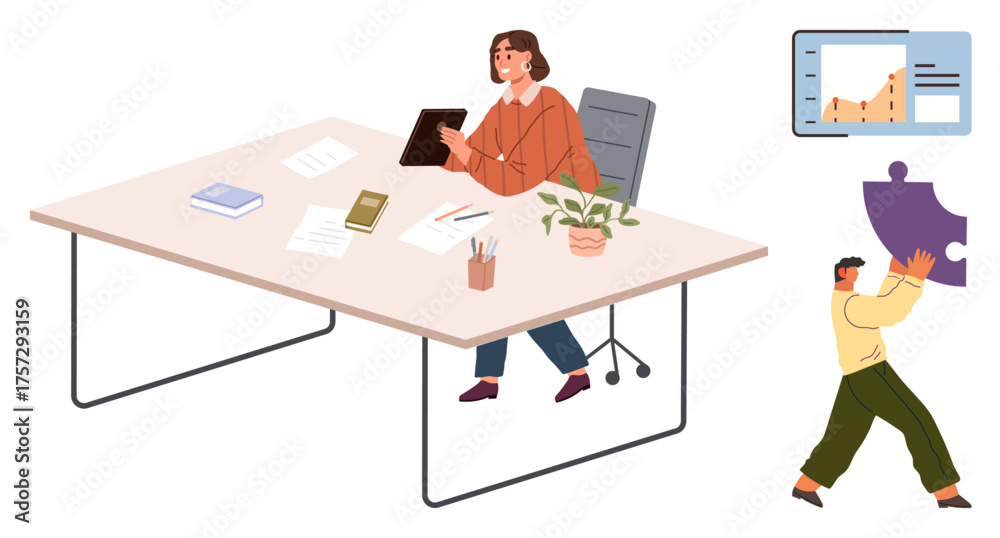 Fototapeta premium Professional seated at desk with tablet, documents, plant, and tools. Colleague holding puzzle representing teamwork, growth chart highlighting data analysis. Ideal for strategy, teamwork, planning