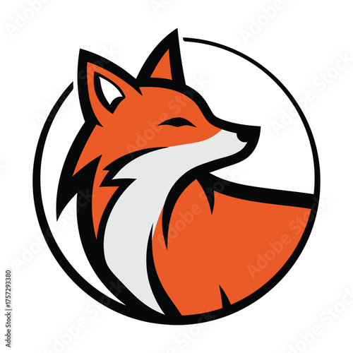 Stylized fox illustration with orange fur and a black outline, enclosed in a circular frame.