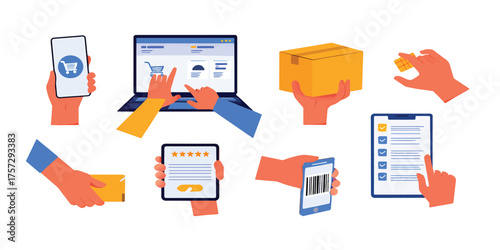 Conceptual set of illustrations for the online shopping process and e-commerce