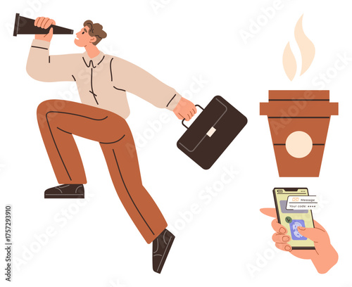 Focused professional holds telescope and briefcase, moving forward. Nearby coffee cup and smartphone emphasize multitasking and activity. Ideal for ambition, productivity, focus, exploration