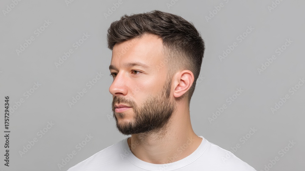 Naklejka premium Man with Short Dark Hair and Beard Posing Against Grey Background in Casual White T-Shirt Profile View