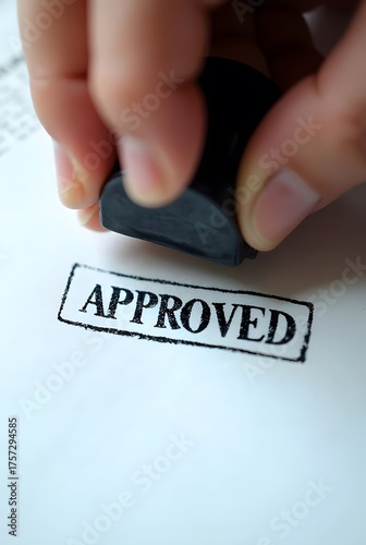A human hand firmly presses a black rubber stamp, imprinting APPROVED onto a crisp white document, vertical composition. The dynamic close-up emphasizes successful authorization.