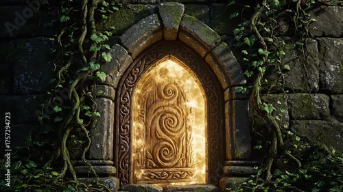 Ornate stone archway with glowing light and detailed carvings