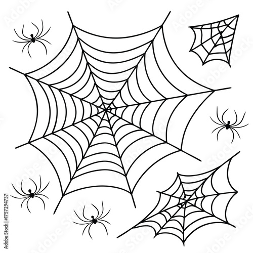 Spider web and spider vector set simple line art illustration for Halloween designs isolated on white background