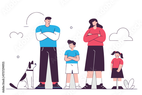 Vector illustration of a family with two children and a dog standing together with arms crossed isolated on white background