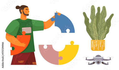 Man holds and connects puzzle pieces in a teamwork context. Nearby are a quadcopter and decorative plant. Ideal for collaboration, problem-solving, creativity, innovation, technology, teamwork