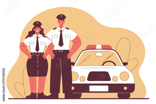 Police officer team in uniform standing near a patrol car vector illustration for law enforcement and public safety concepts