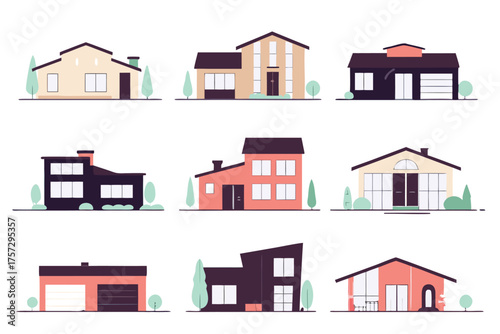 Set of various house illustrations different types of residential buildings vector flat design for real estate and architecture projects isolated on w